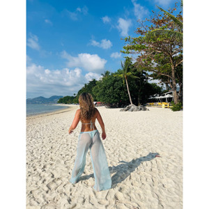 Pantaloni trasparenti svasati blu chiaro a vita bassa elastico in vita fatto a mano - Product Image 2