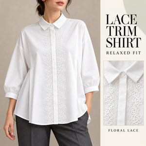 <b>Women's</b> <b>White</b> Lace Trim <b>Blouse</b> Three Quarter Puff <b>Sleeve</b> Button Down Poplin Shirt Loose Fit Elegant Casual Custom Wholesale - Product Image 1