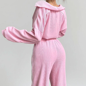 Personnalisé de haute qualité femmes nouvelle mode solide décontracté tricot Jogging costumes sweat ensemble fermeture éclair complète haut court sweats à capuche - Product Image 5
