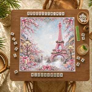 Tappetino da gioco Mahjong con Torre <span class=keywords><strong>Eiffel</strong></span> di Parigi e fiori di ciliegio, superficie romantica per il gioco - Product Image 3