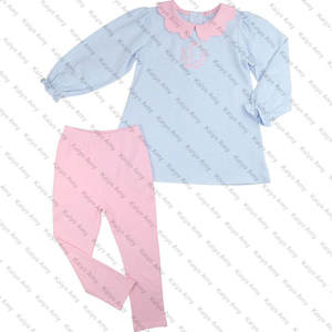 Abbigliamento Invernale per Bambine all'Ingrosso, Vestiti a Righe Azzurri con Colletto Smerlato e Set di Leggings, Outfit Coordinati per Sorelle - Product Image 2