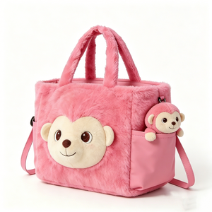 Customized Pink Monkey Plush Handbag, Fluffy Tote Bag with Matching Monkey Charm, Cute Monkey Crossbody <b>Purse</b> with Handle - Product Image 5
