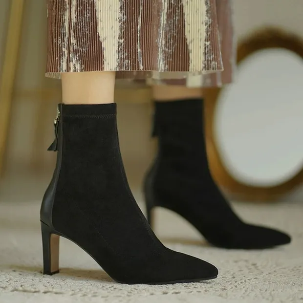 Женские ботинки на высоком каблуке, новинка 2022, стильные зимние эластичные тонкие ботинки на среднем каблуке, ботинки-носки с острым носком