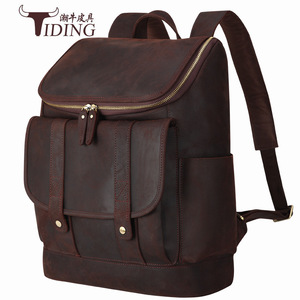 Tiding Men's Leather <b>Backpack</b> Dark <b>Brown</b> Large Capacity Laptop Compartment Travel <b>Backpack</b> - Product Image 1