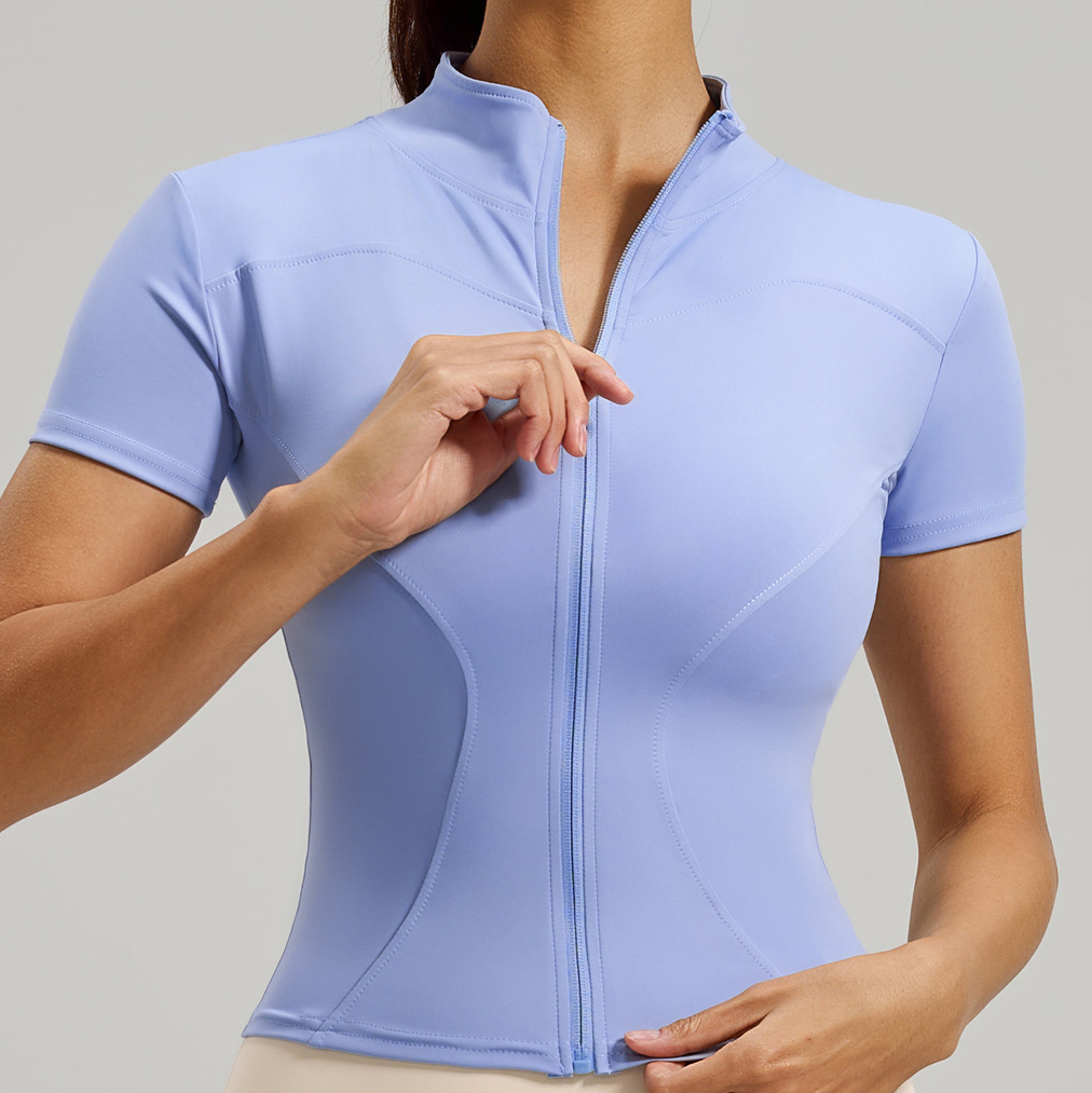 Women's Sportswear Solid Soft Short Sleeved High Stretch Quick Dry Tight-Fitting Zipper Yoga Top Lightweight Breathable