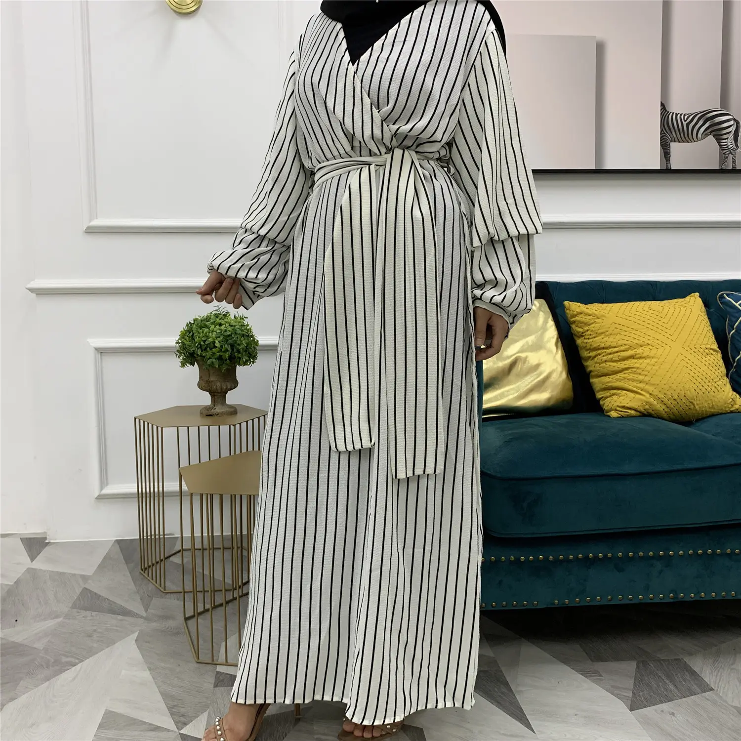 Groothandel Lange Streep Mode Islamitische Doek Moderne Lange Moslim Plus Size Lady Moslim Abaya Jurk