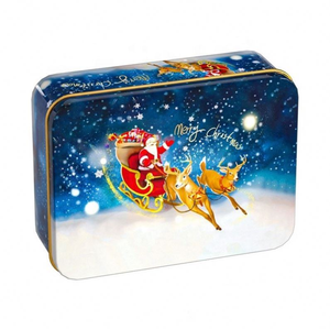 Caja de hojalata navideña con renos dorados, estrellas y estampado de Feliz Navidad, contenedor cuadrado para regalos y dulces navideños - Product Image 2