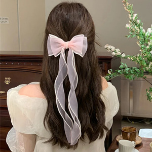 Grosir gaya Eropa Amerika jepit rambut merah untuk anak perempuan klip rambut kain mutiara pita Organza busur bahan Satin untuk penggunaan sehari-hari - Product Image 5