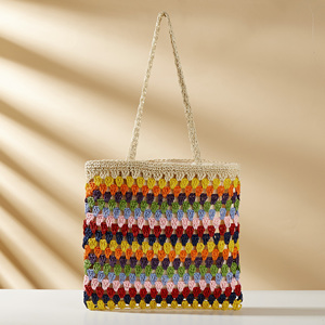 Nouveau <span class=keywords><strong>sac</strong></span> fourre-tout de plage en paille tressée fait <span class=keywords><strong>main</strong></span>, style granny check, crochet, papier, tendance, rétro, ethnique, coloré - Product Image 3