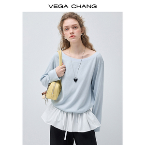 VEGA CHANG Ingrosso 2026 Nuova Maglietta da <span class=keywords><strong>Donna</strong></span> Primaverile <span class=keywords><strong>Azzurra</strong></span> con Orlo Asimmetrico a Balze Vestibilità Rilassata Manica Lunga - Product Image 2