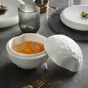 Tazón de Cerámica Blanco con Tapa para Sopa, Ensalada, Bingsu, Postre, Nido de Pájaro, Estilo Creativo con Diseño de Grano de Roca, para Restaurante - Product Image 1