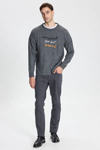 Men's Embroidered <strong>Slogan</strong> Sweater 100% Merino Wool Long Sleeve Crew Neck Pullover <strong>Jumper</strong> Grey - Product Image 4