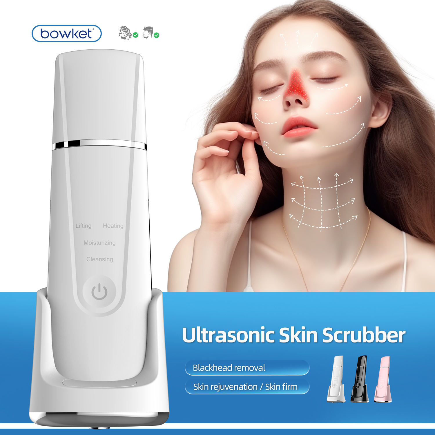 Bowket Professional Cordless Blackhead Remover | Ultrasonic Skin Scrubber & Pore Cleaner Spatula | Face Detox & Tightening Tool (Black) – orangles Qatar