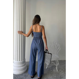 Ensemble 2 pièces d'été pour femme en indigo pour TENCEL : Crop Top & Pantalon HALVAR, Blouse sans bretelles & Short ample - Product Image 1