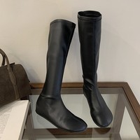Bottes plates noires en similicuir pour femme, à talon plat, bout rond, extensibles, longues, à enfiler, pour l'automne et l'hiver, chaussures décontractées pour femme, ODM, faible MOQ