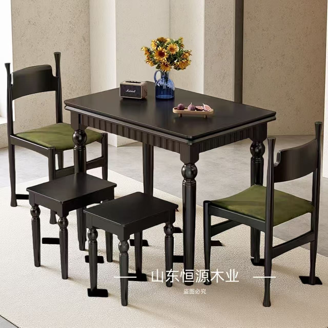 [1 table, 2 chairs, 2 stools] All black