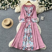 Robe longue maxi décontractée pour femme WIWT, à imprimé floral, manches 3/4, avec ceinture, pour un usage quotidien