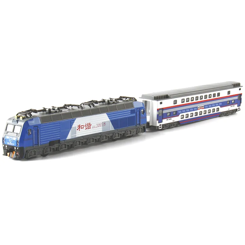 Tren de Metal Hexie 1:87 con modelo de carro, juguete de tren, tirar hacia atrás con luces y música, 3 colores, modelo fundido a presión para niños, juguete