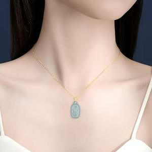 หยกเจไดต์สีน้ำเงินธรรมชาติ จี้หยกสไตล์จีน ประดับทอง 18K เครื่องประดับแฟชั่นชั้นดี สร้อยคอ พร้อมใบรับรอง D743 - Product Image 5