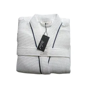 Wholesale Custom 100% Cotton Waffle Bath Robe With Blue Piping Hotel Men Spa Bathrobe