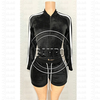 Ensemble de survêtement deux pièces en velours pour femme, avec veste à capuche zippée et short, motif rayé contrastant, vente en gros OEM