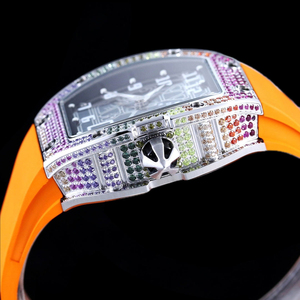 Fashion Ladies Tonneau <b>Watch</b> Iced Out Rainbow Diamond Bezel Hollow Skeleton Dial Waterproof Red Band - Product Image 5