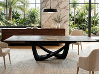 Table de salle à manger de luxe en pierre frittée avec plateau en dalle de marbre d'inspiration européenne et base métallique, vente en gros