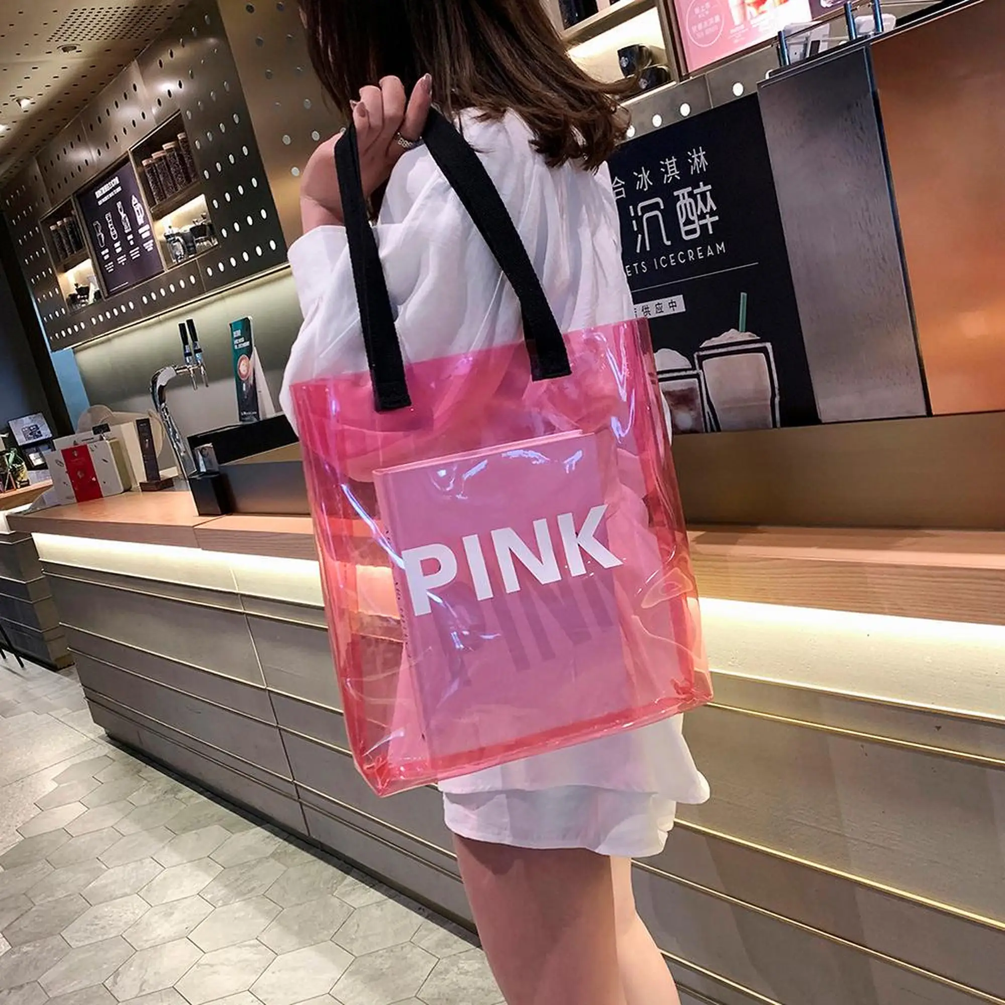 Custom Fashion Hot Pink trasparente Tote Bag donna Ladies Shoulder Beach Travel Cosmetics Jelly Pvc Shopping Storage Bags