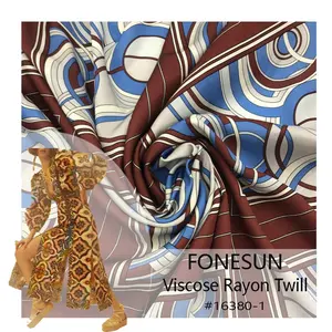 Fonesun-VR1265 grosir kain kepar rayon cetak digital bunga tropis polos tenunan kustom untuk gaun wanita