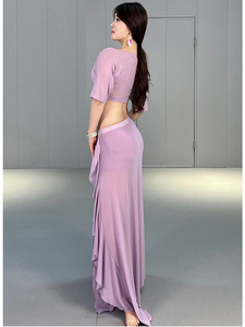 2024 Newest Sexy Deep V-neck tank Top Short Sleeve With High <strong>Split</strong> <strong>Skirt</strong> for Oriental Belly Dance Training Costumes Set - Product Image 3
