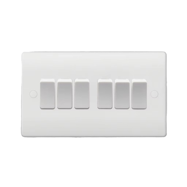 UK 6 Gang 2-Way Bakelite Wired Electrical Plug Wall Mounted Sockets Switches Universal 13a Small Button Max Voltage 250v Easy