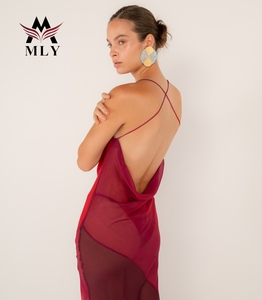 Abito da donna in raso con scollo a immersione increspato da spiaggia con taglio alto rosso Boho Slim Fit gonna lunga alla mezza - Product Image 4