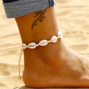 Enkelbandje Groothandel Bohemian Vrouwen Handgemaakte Lederen Geweven Seashell Enkelbandje Zomer Strand Voet Sieraden Barefoot Armband Enkel Op Been