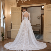 Robe de mariée sirène à manches longues, col rond, dentelle française, traîne détachable 2-en-1, dos nu, grande taille, maternité