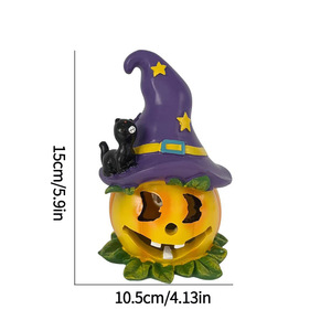 Figurine miniature en résine de citrouille avec chapeau de sorcière et chat, décoration d'Halloween pour intérieur, ornement lumineux à piles - Product Image 4