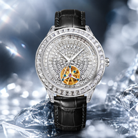 Montre mécanique de luxe haut de gamme pour homme, design squeletté, accents de diamants, aiguilles, boîtier en acier inoxydable, bracelet en crocodile, résistante à l'eau