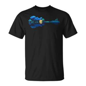 Camiseta Guitar Lake Reflections con diseño de cielo nocturno y luna - Product Image 1