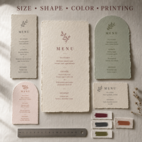 Menus de mariage personnalisés faits à la main en papier, bord festonné rustique avec un design floral minimaliste