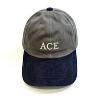 Gorra de béisbol de 6 paneles de algodón lavado bicolor con visera de pana, letras bordadas 3D ACE, estilo Dad Hat, visera curva vintage, ajustable, casual
