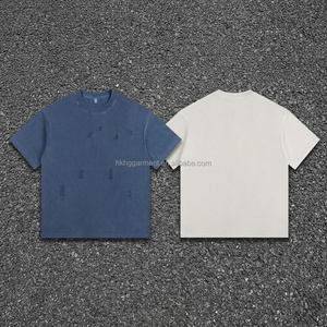 เสื้อยืดคอตตอน 100% สำหรับผู้ชาย เสื้อยืดแบบย้อมสีเอซิดวินเทจ เสื้อยืดซันเฟด เสื้อยืดดีไซน์ขาดๆ ซีดๆ คอกลม - Product Image 1