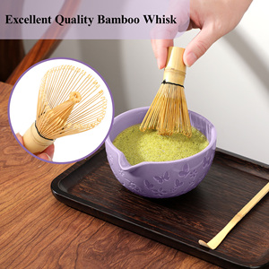 Juego de 4 Utensilios para la Ceremonia del Té Japonés, Tazón de Cerámica de Porcelana Grabado y Batidor de Bambú con Diseño de Mariposa - Product Image 3