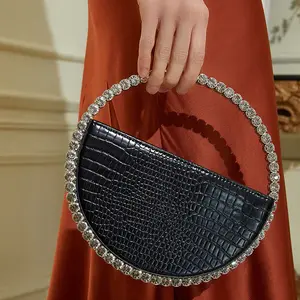 2024 New Diamond Circular Round Handle Rhinestone Dinner Clutch Half Moon Handbag Evening Bags Women Handbags Ladies For Women