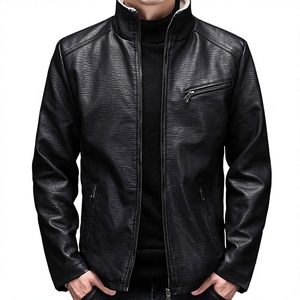 Veste moto en cuir PU noir pour homme, col montant, fermeture éclair, coupe ajustée, pour l'automne - Product Image 1