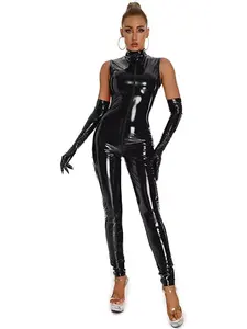 <span class=keywords><strong>Combinaison</strong></span> moulante sexy sans manches en similicuir verni à col montant pour <span class=keywords><strong>femme</strong></span>, tenue de danse pole stretch ajustée - Product Image 4