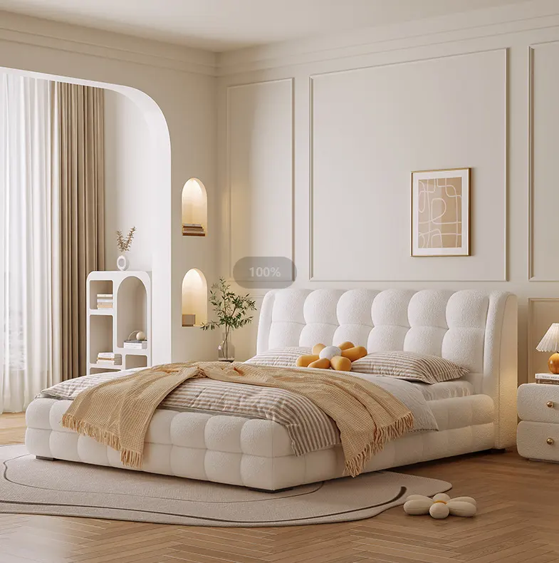 Anpassbares Bett aus Zuckerwatte im französischen Cremestil, modernes und einfaches Doppelbett, Hochzeits bett aus Lamm samt bis zur Decke