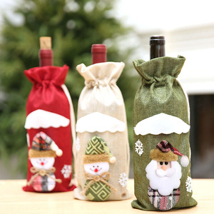 Christmas Linen Drawstring Wine Bottle Bags Santa Snowman Design Wine Bottle Covers Xmas Holiday Party <b>Table</b> Decor Gift - Product Image 1