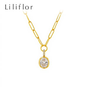 Liliflor gran oferta moda 18K chapado en oro de acero inoxidable impermeable papel Pin cadena enlace Oval circón colgante collar P253655 - Product Image 1