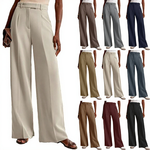 Pantalon taille haute à jambes larges, couleur unie, plissé en crêpe, coupe décontractée ample, longueur complète, fermeture éclair, pour femme, collection automne - Product Image 3