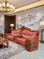 Nouvel ensemble de canapés en bois massif sculpté de style européen et chinois, avec revêtement en cuir véritable, joints à mortaise et tenon, rembourrage en éponge haute densité
