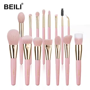 BEILI pink wooden handle 15pcs synthetic hair vegan makeup brushes set top quality brochas de maquillaje rosas